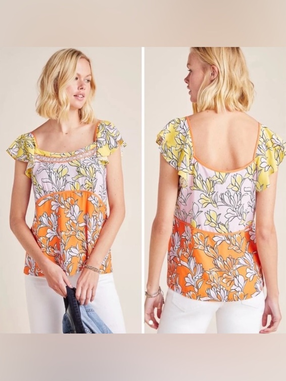 Farm Rio Anthropologie Tia Flutter Sleeve Floral Blouse Small Boho Preppy